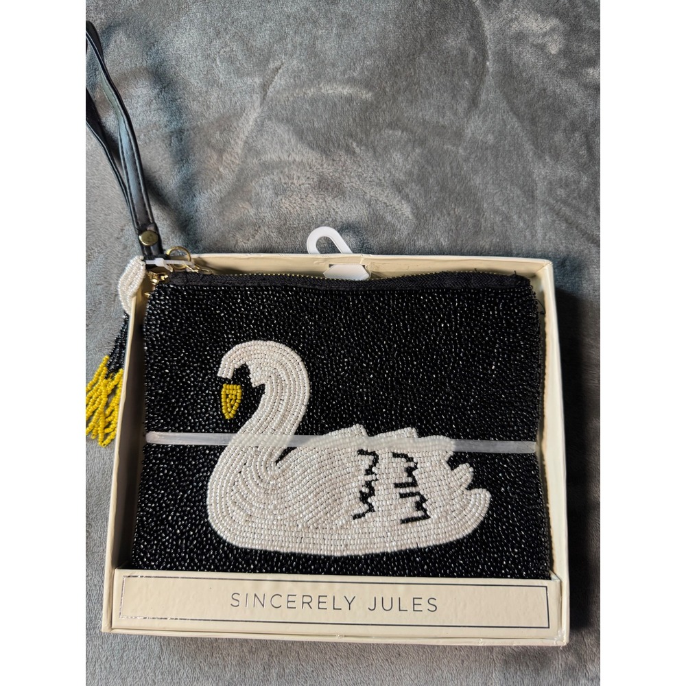 Sincerely Jules Beaded Swan Wristlet Clutch Bag Black White Tassel NIB